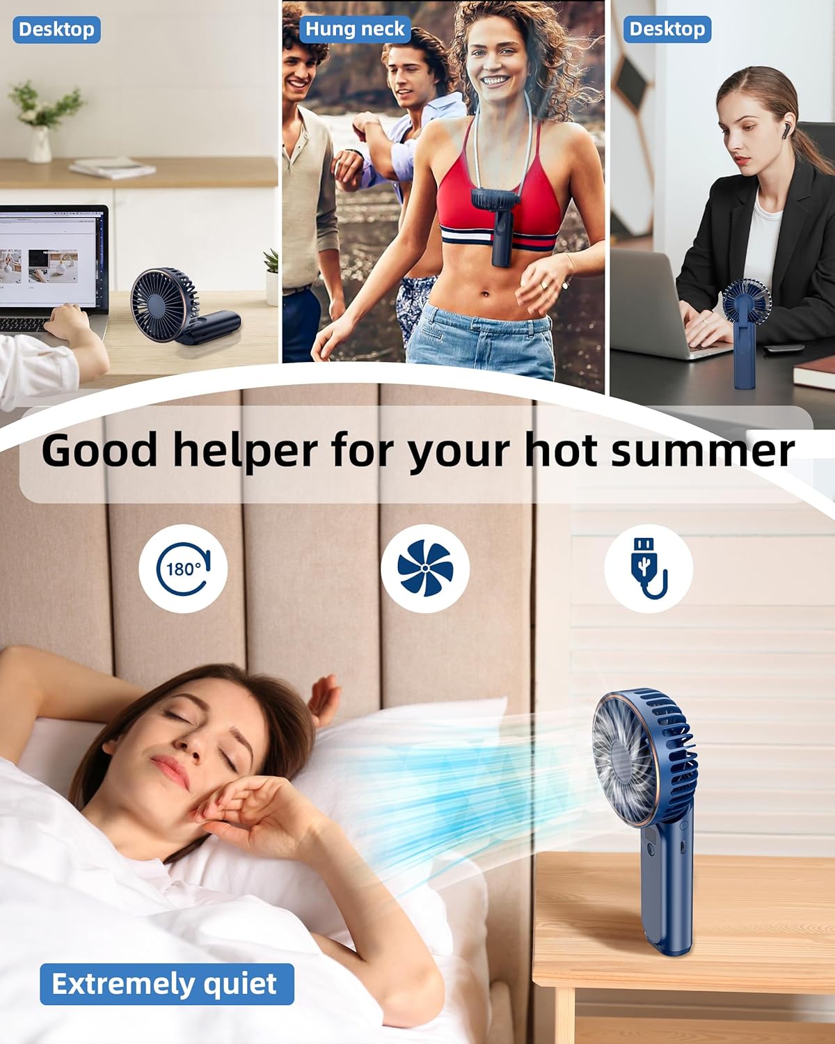 Ventilador de mano portátil recargable, 4000 mAh, ajustable en 180, 6...