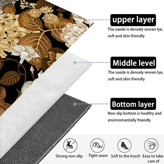 Alfombra rectangular con estampado de hojas negras y doradas para sala de...