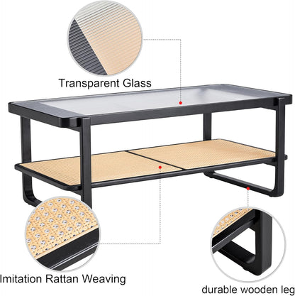 Mesa de centro rectangular moderna de ratán de vidrio, mesa de té de doble