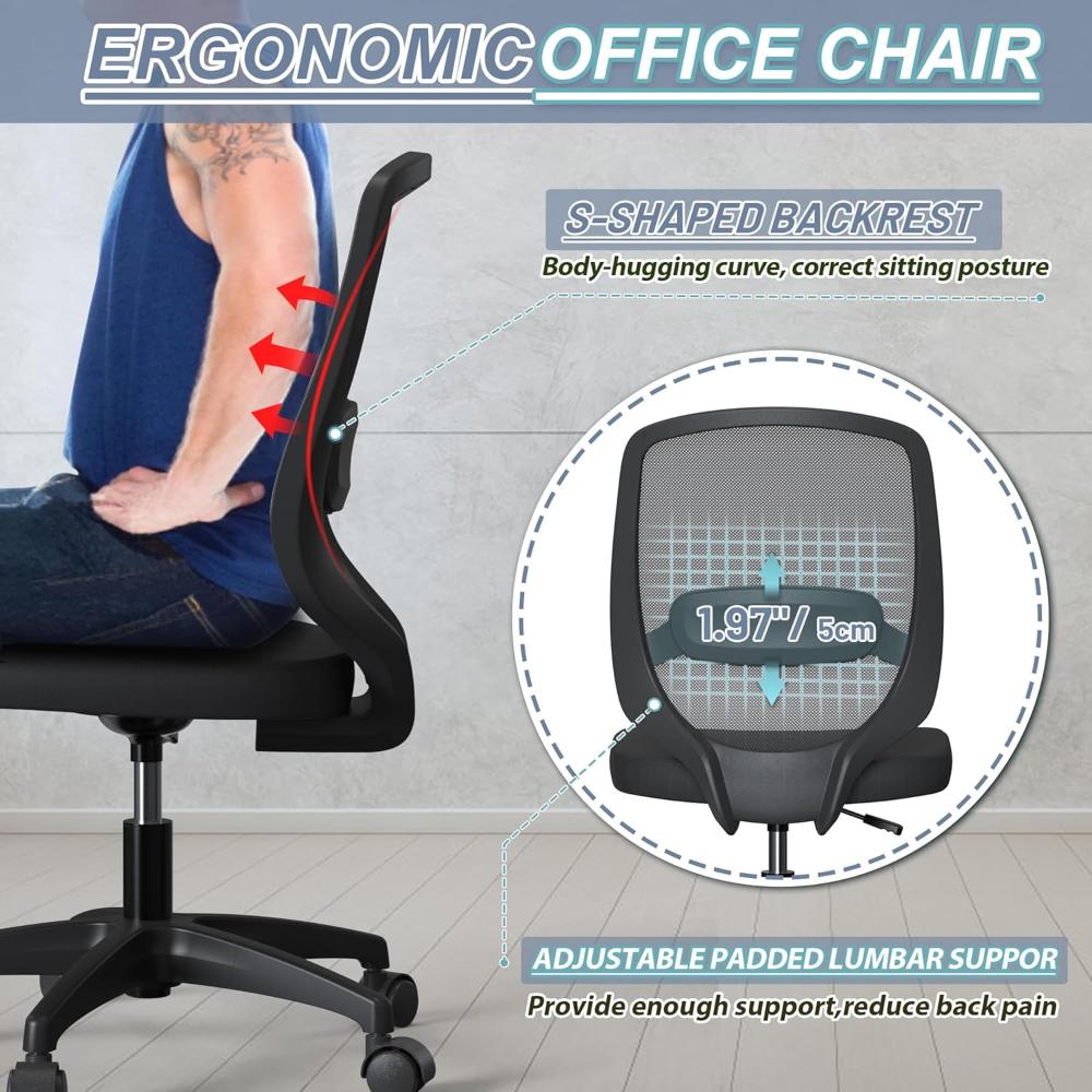 Silla Giratoria Ergonómica De Escritorio, Ajustable Y Soporte Lumbar KIZECK, Negro