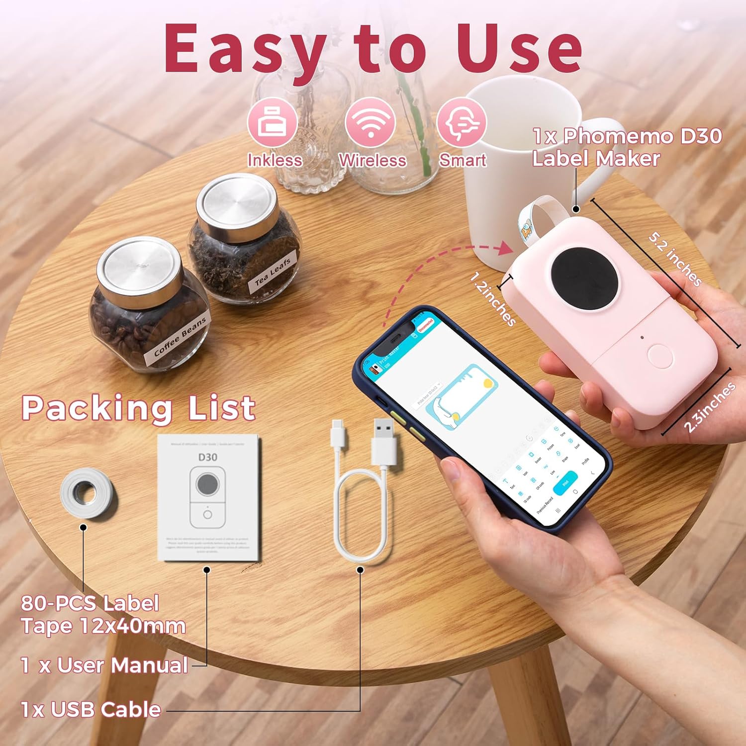 Phomemo D30 - Etiquetadora portátil con cinta, Bluetooth, con múltiples...