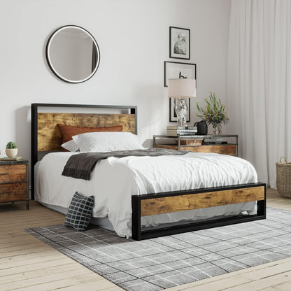 Base de cama individual con cabecera de madera, cama de plataforma de metal