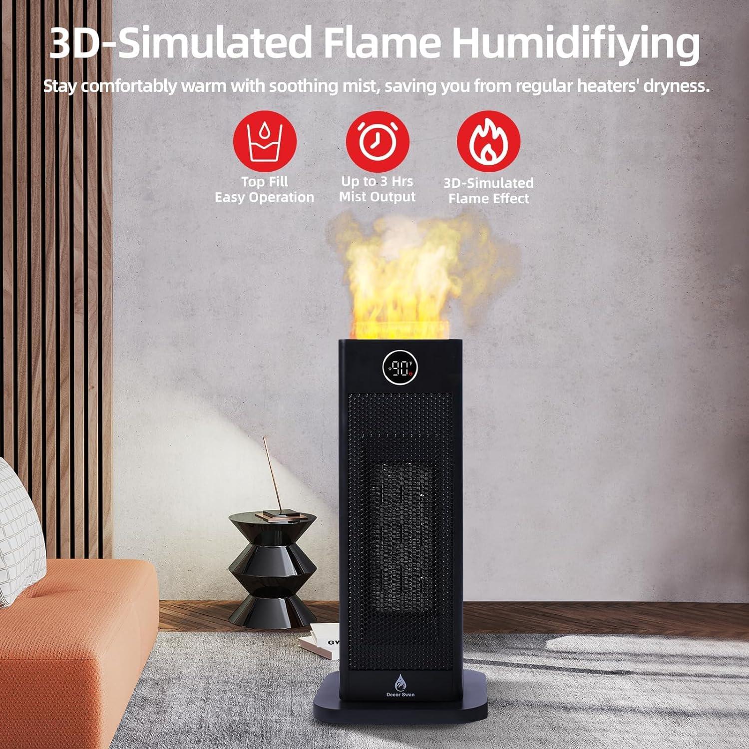 Calentador de espacio 3 en 1 mejorado con humidificador de efecto de llama,
