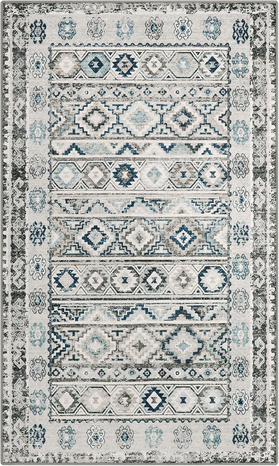 Alfombra bohemia lavable, antideslizante de 3 x 5 pies, color gris, alfombra