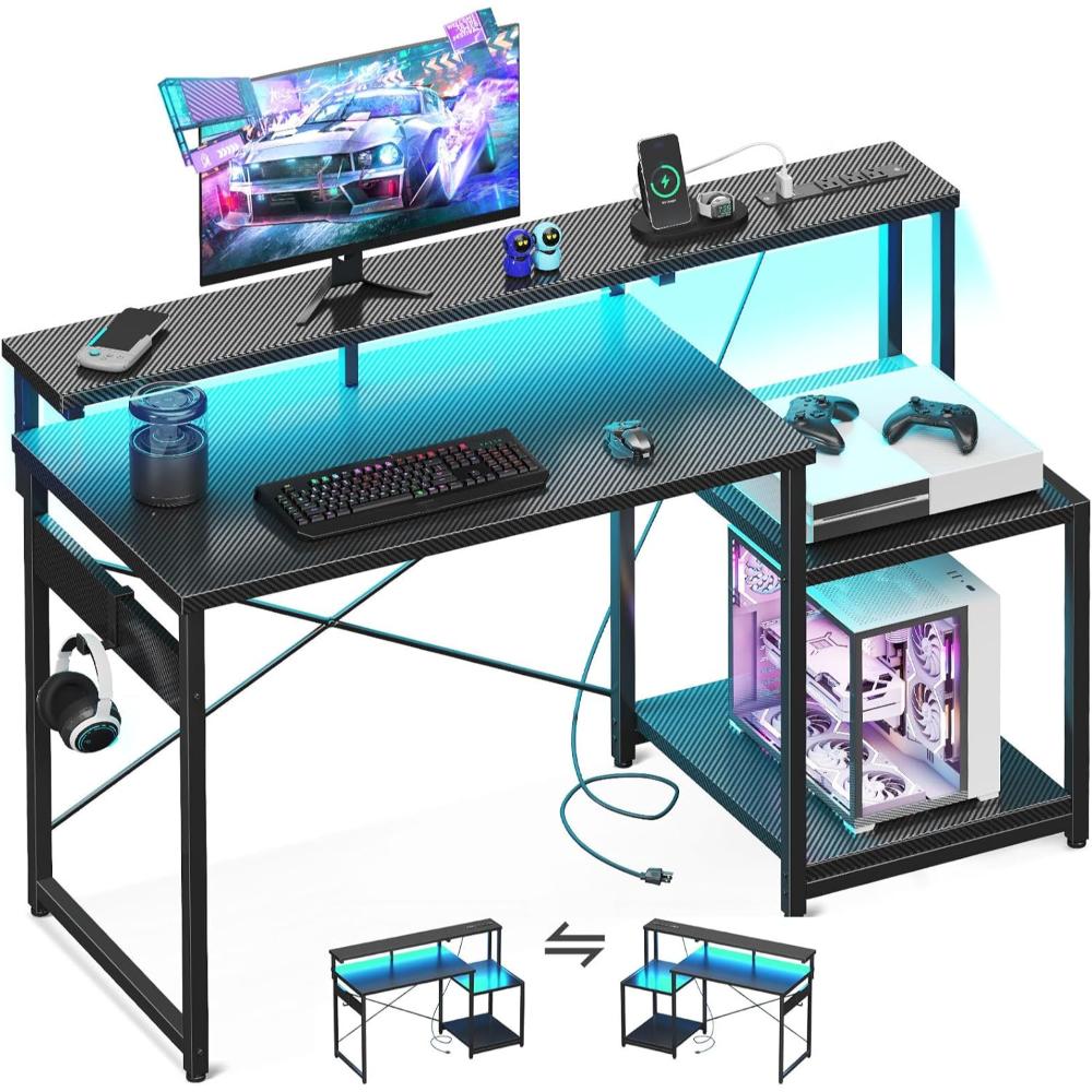 Escritorio Gamer Reversible AODK , Con Luces Led Y Toma De Corriente Y Estantes De Almacenamiento