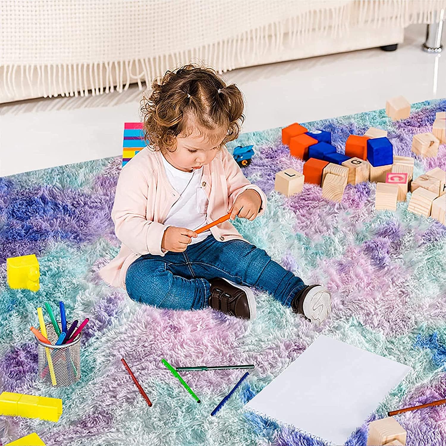 Alfombra redonda azul y morado para dormitorio, alfombra circular esponjosa de