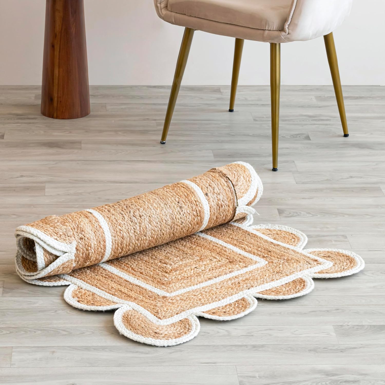 Alfombra festoneada de yute natural, base natural, borde blanco hueso, 2 pies x...