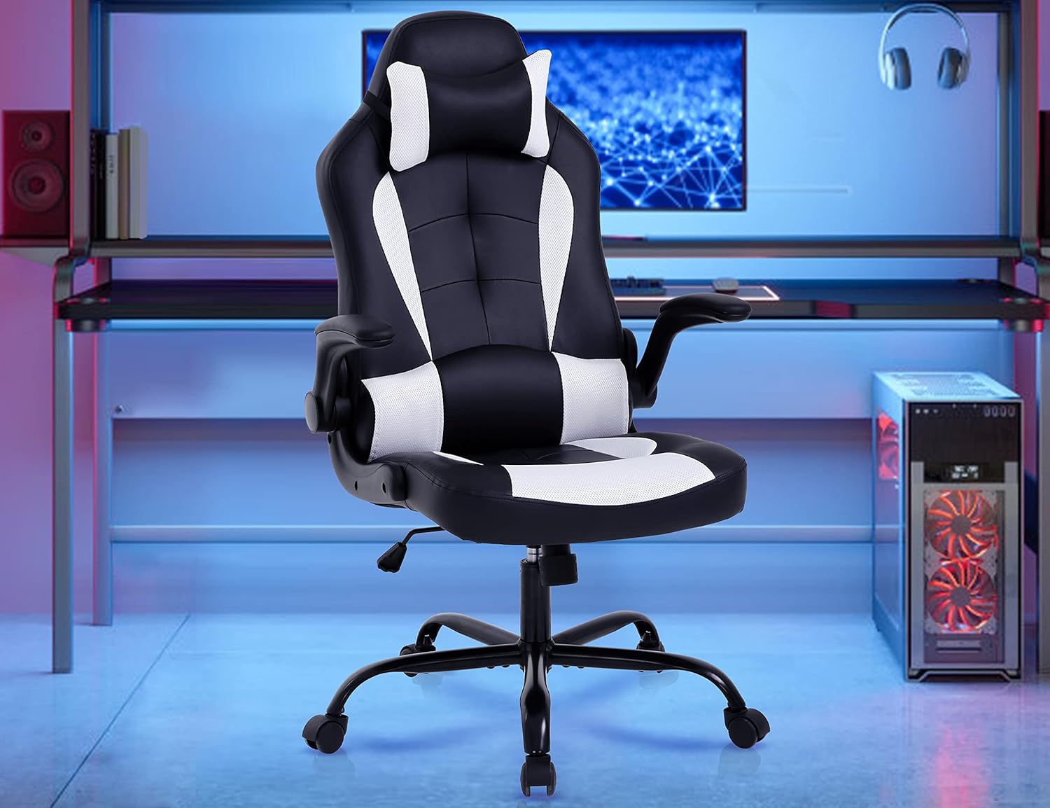 Silla de videojuegos, silla de computadora de piel sintética ajustable con...
