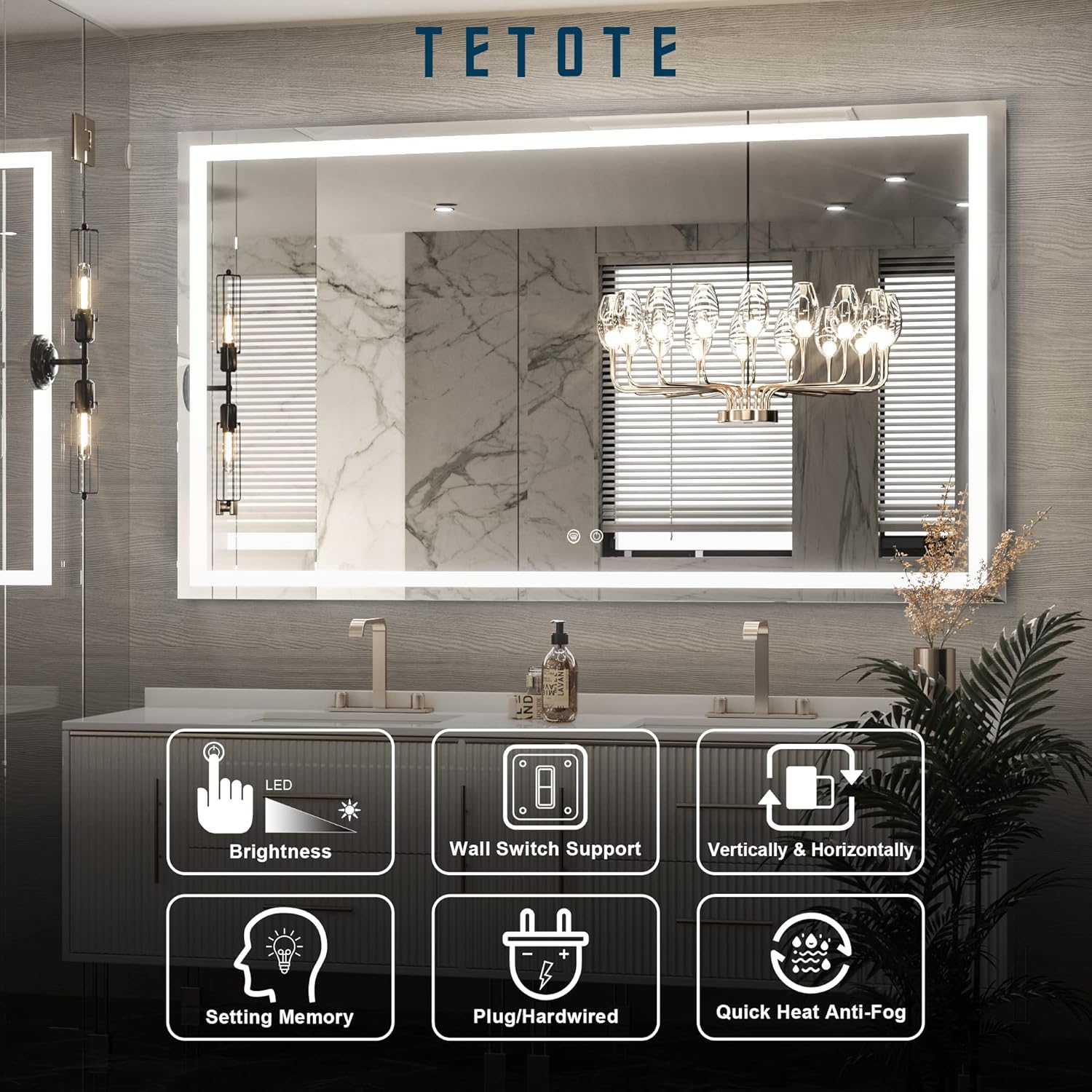 TETOTE Espejo de baño LED de 55 x 36 pulgadas con luces, antiniebla, regulable,...