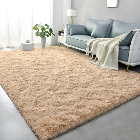 Lascpt Alfombra de pelo largo súper suave para sala de estar, alfombra beige de...