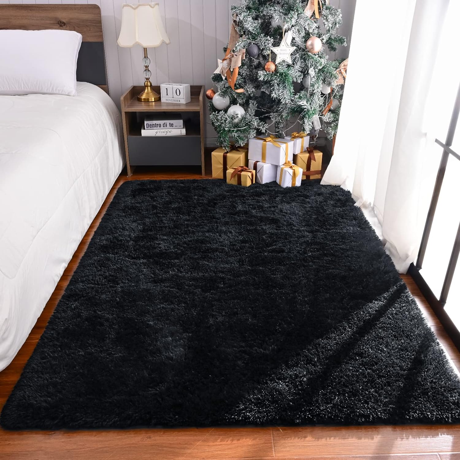 Maxsoft Alfombra mullida de pelo largo para dormitorio, alfombra negra de 6 x 9...