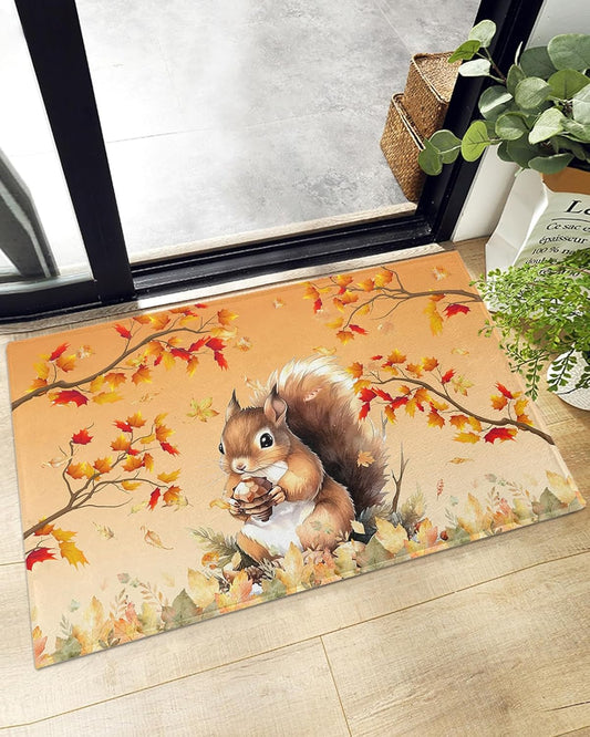 Shag Door Mats Bath Rugs Thanksgiving Squirrel Autumn Maple Leaf Orange...