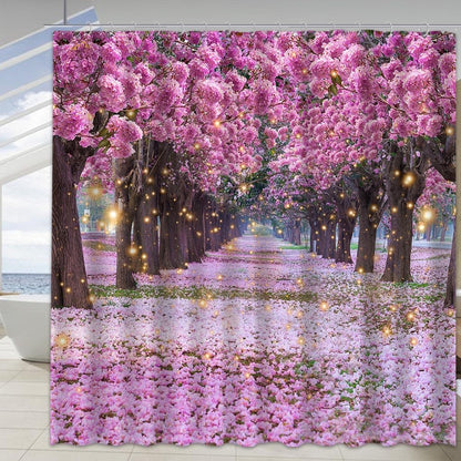 Cortina de ducha de baño rosa con diseño de cerezo de cerezo, selva,