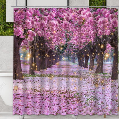 Cortina de ducha de baño rosa con diseño de cerezo de cerezo, selva,