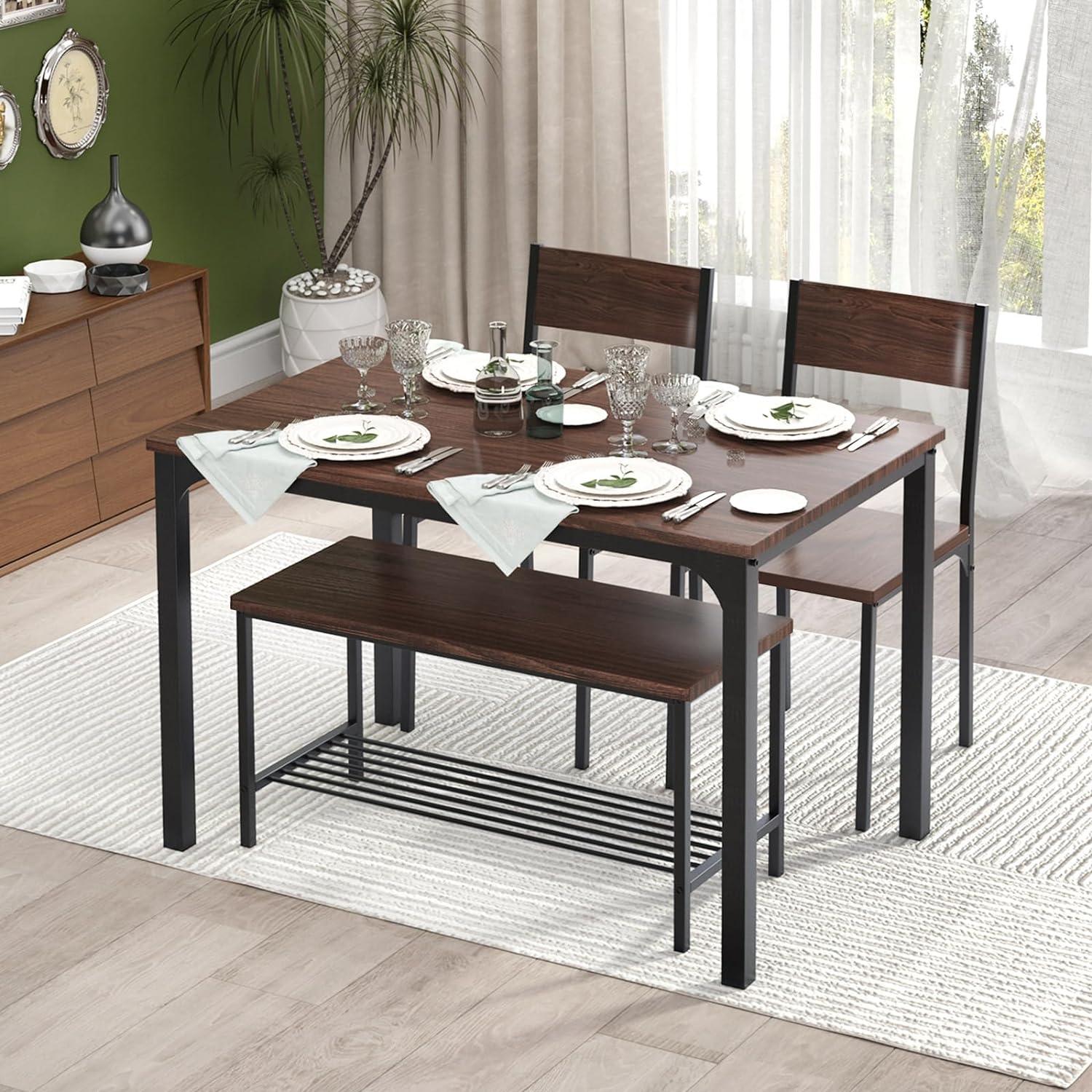 SogesHome Juego de mesa de comedor de 4 piezas para 4, sillas de banco de mesa