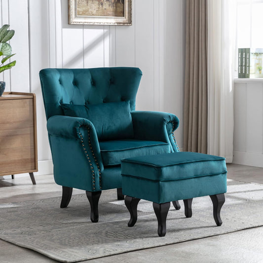 Sillón decorativo con otomana, de mediados de siglo, moderno, respaldo capitoné...