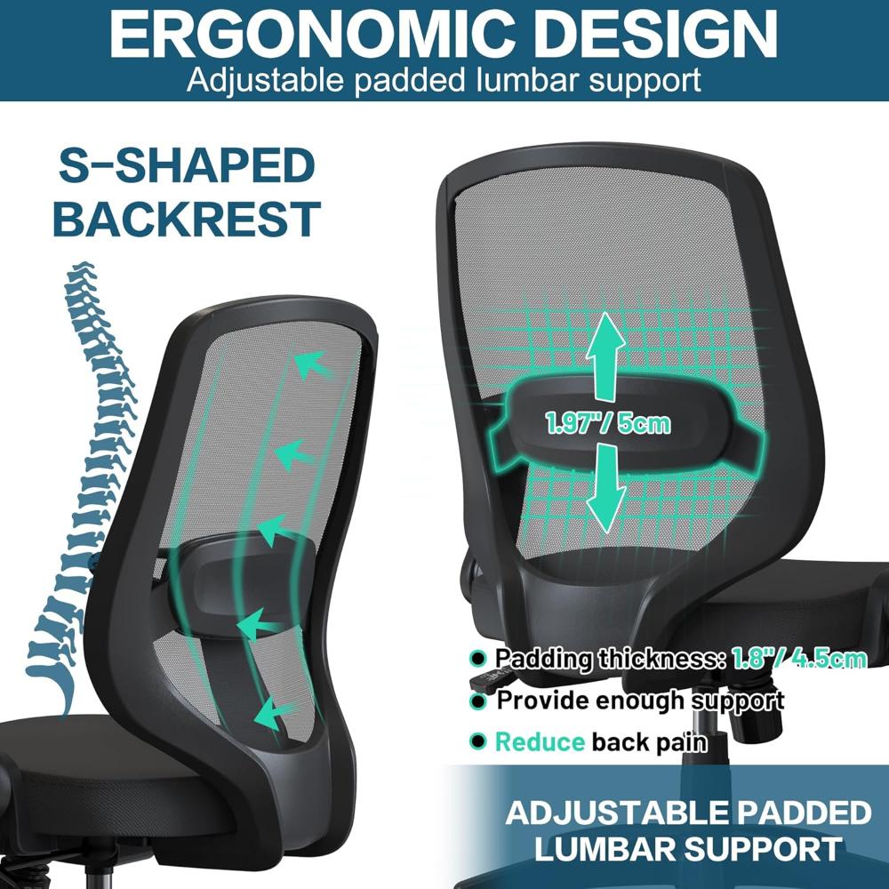 Silla De Escritorio Ergonómica, Ajustable En Altura Con Ruedas Flexibles, KIZECK, Negro