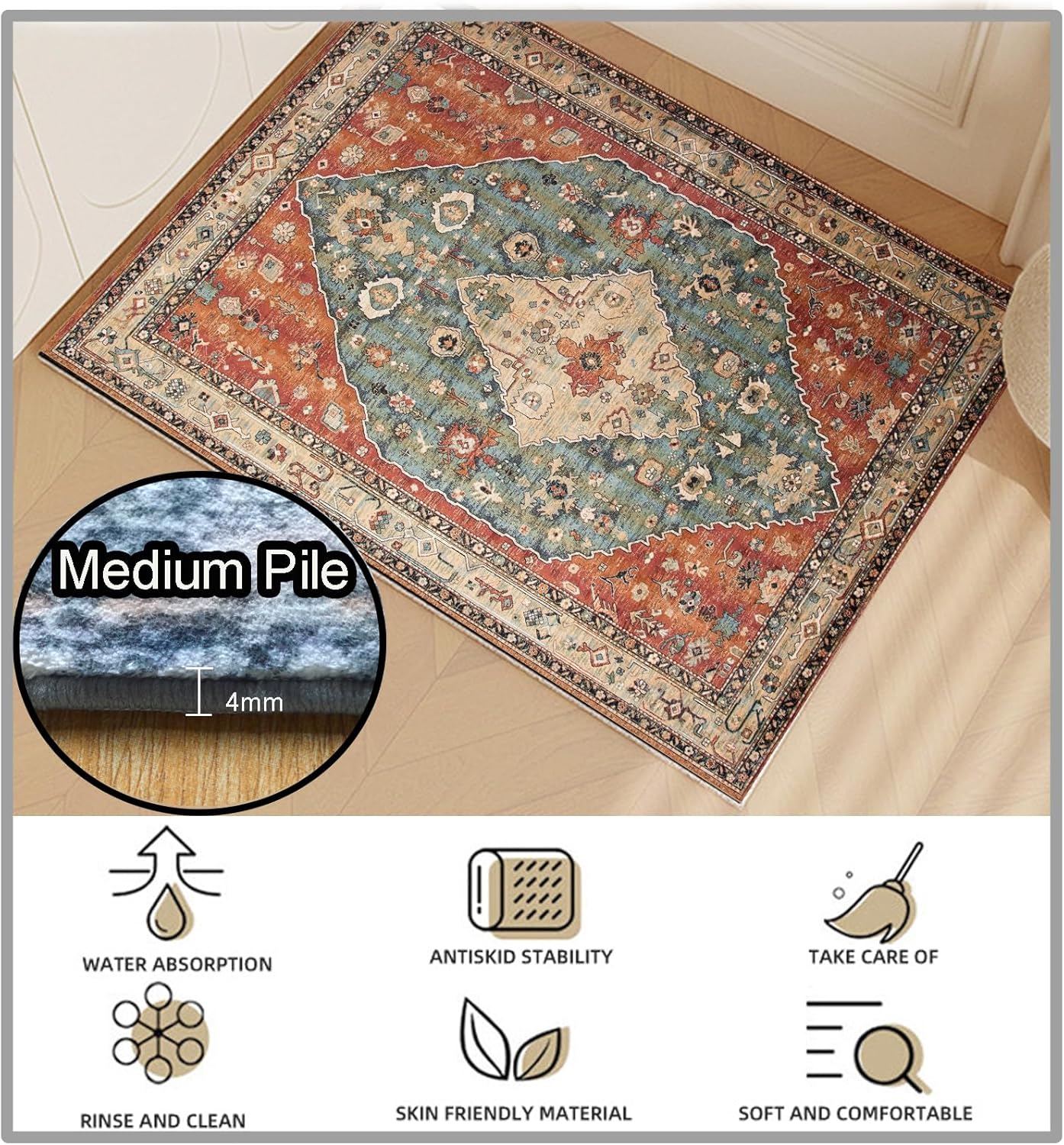 Yancorp Alfombra bohemia de 2 x 3 pies para dormitorio, antideslizante,...