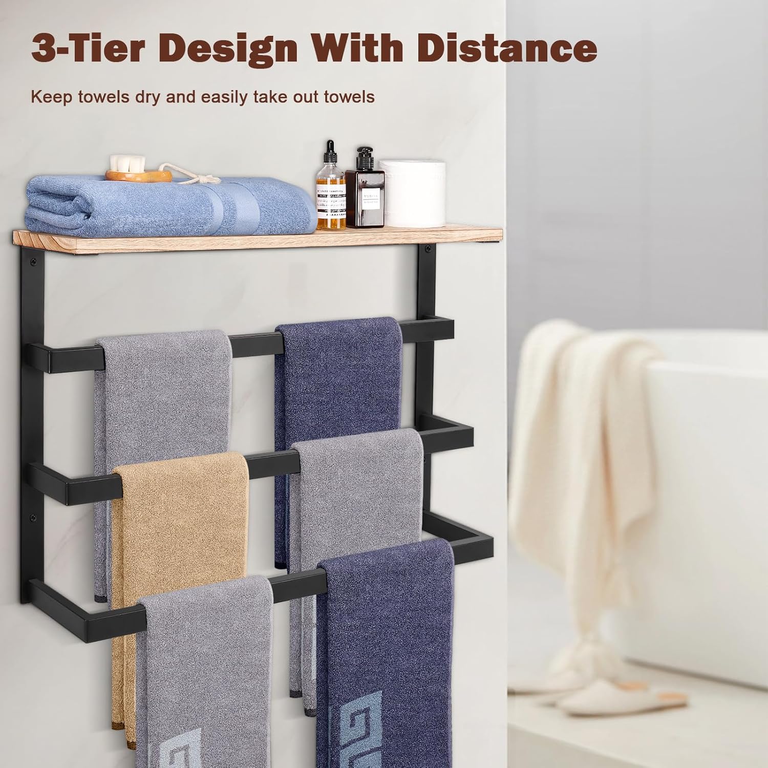 NearMoon Toallero colgante para baño, toallero de metal grueso con estante de...