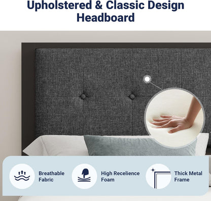 Base de cama individual con cabecera tapizada con botones para niños, base de