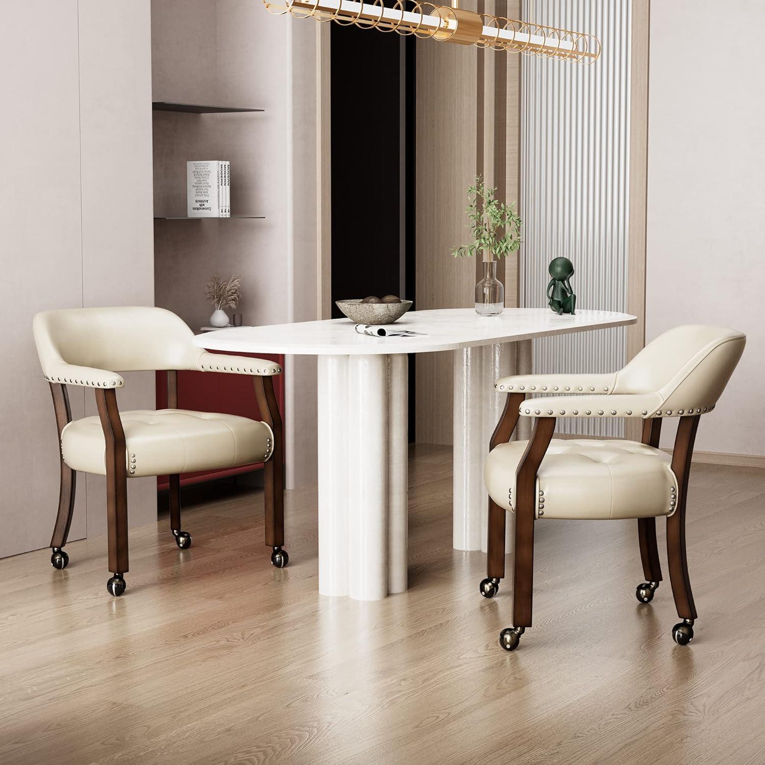 Silla de comedor con ruedas, silla de cuero con ruedas y cabeza de clavo,