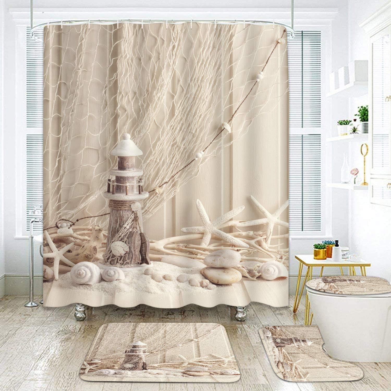 Britimes Juego de 4 cortinas de ducha, beige playa con alfombras...