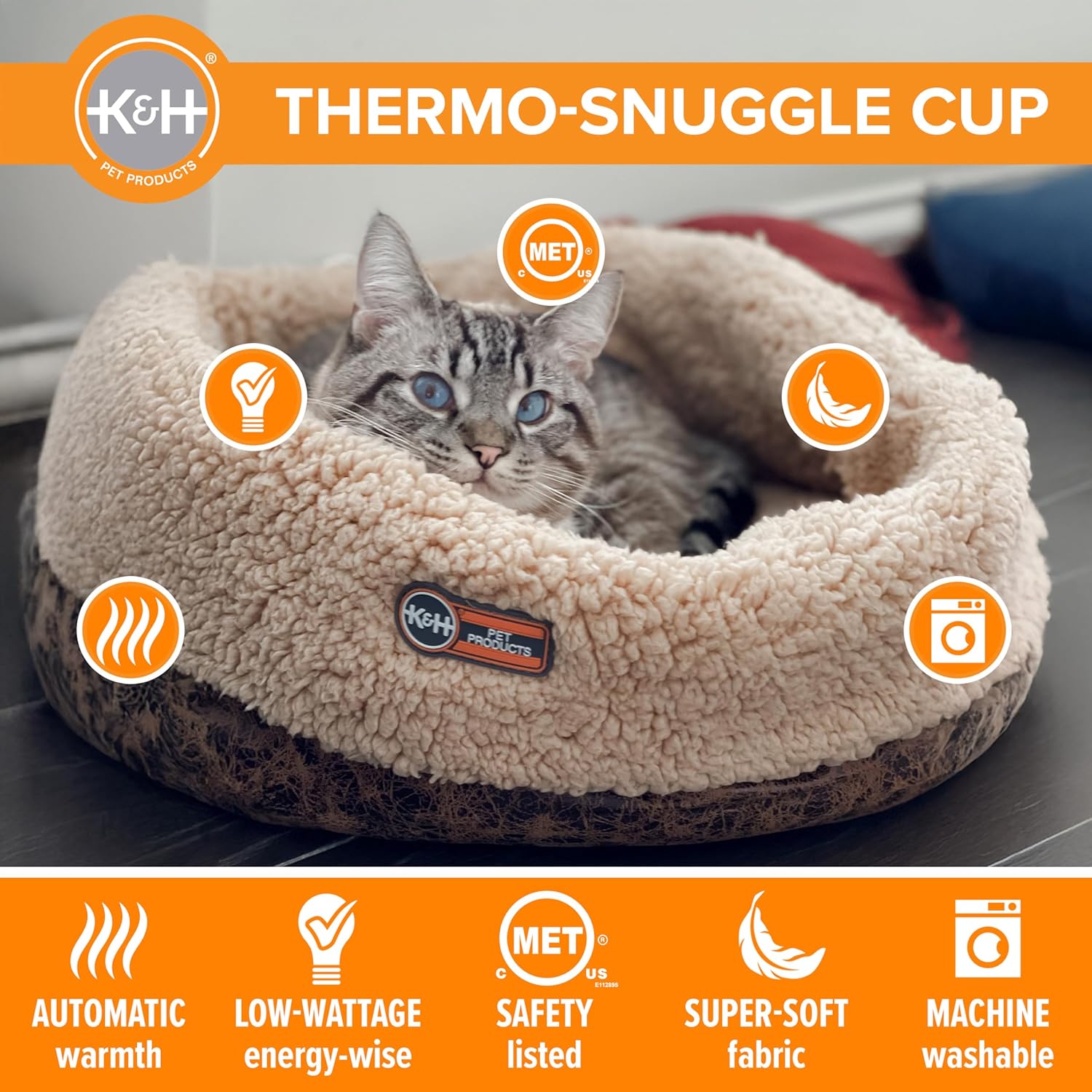 K&H PET PRODUCTS Cama térmica térmica para gatos con taza termoplástica, cama...