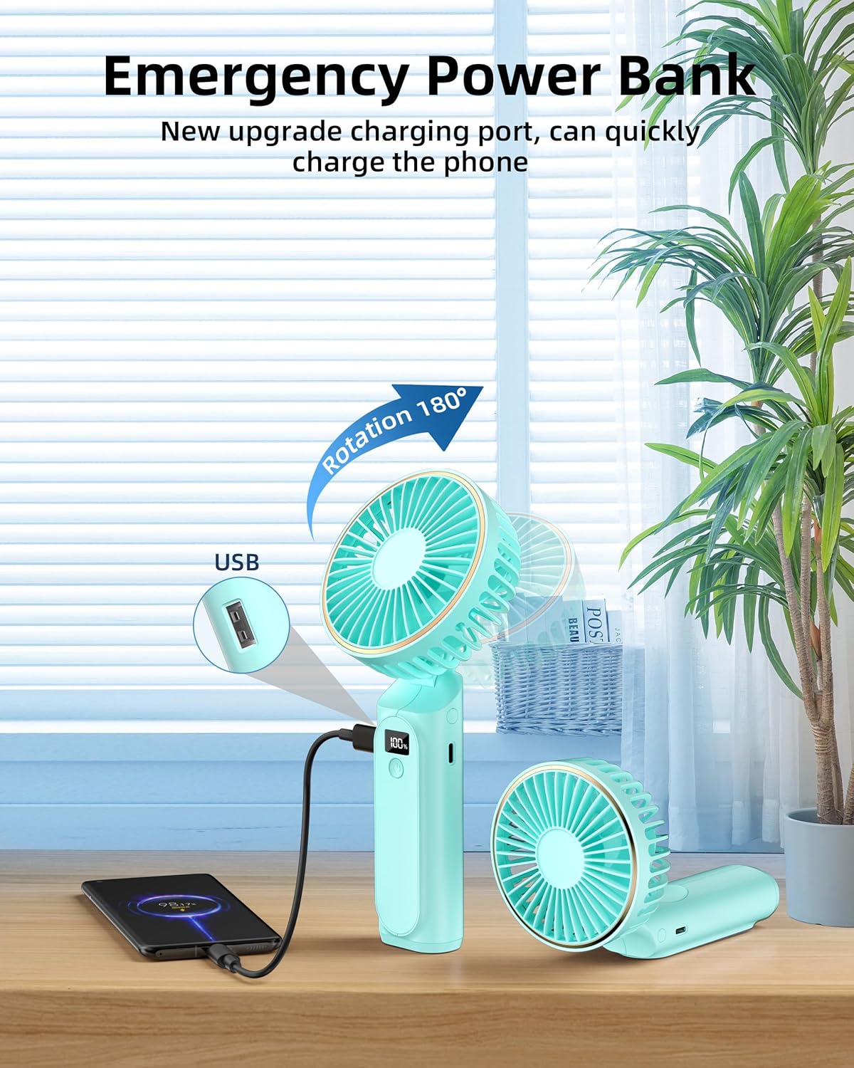 Ventilador de mano portátil recargable, 4000 mAh, ajustable en 180, 6...