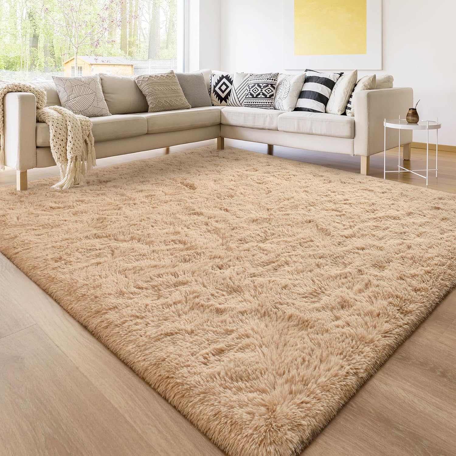 Lascpt Alfombra de pelo largo súper suave para sala de estar, alfombra beige de...