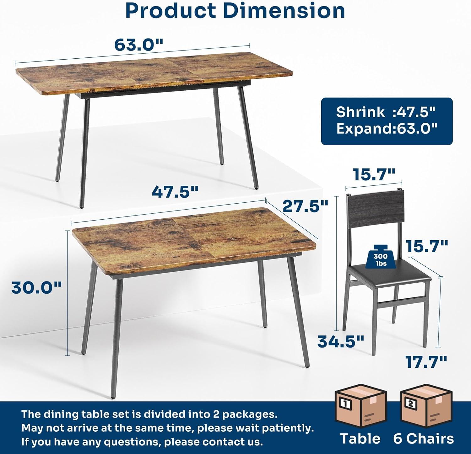 Juego de mesa de cocina extensible de 7 piezas con 6 sillas tapizadas, tablero