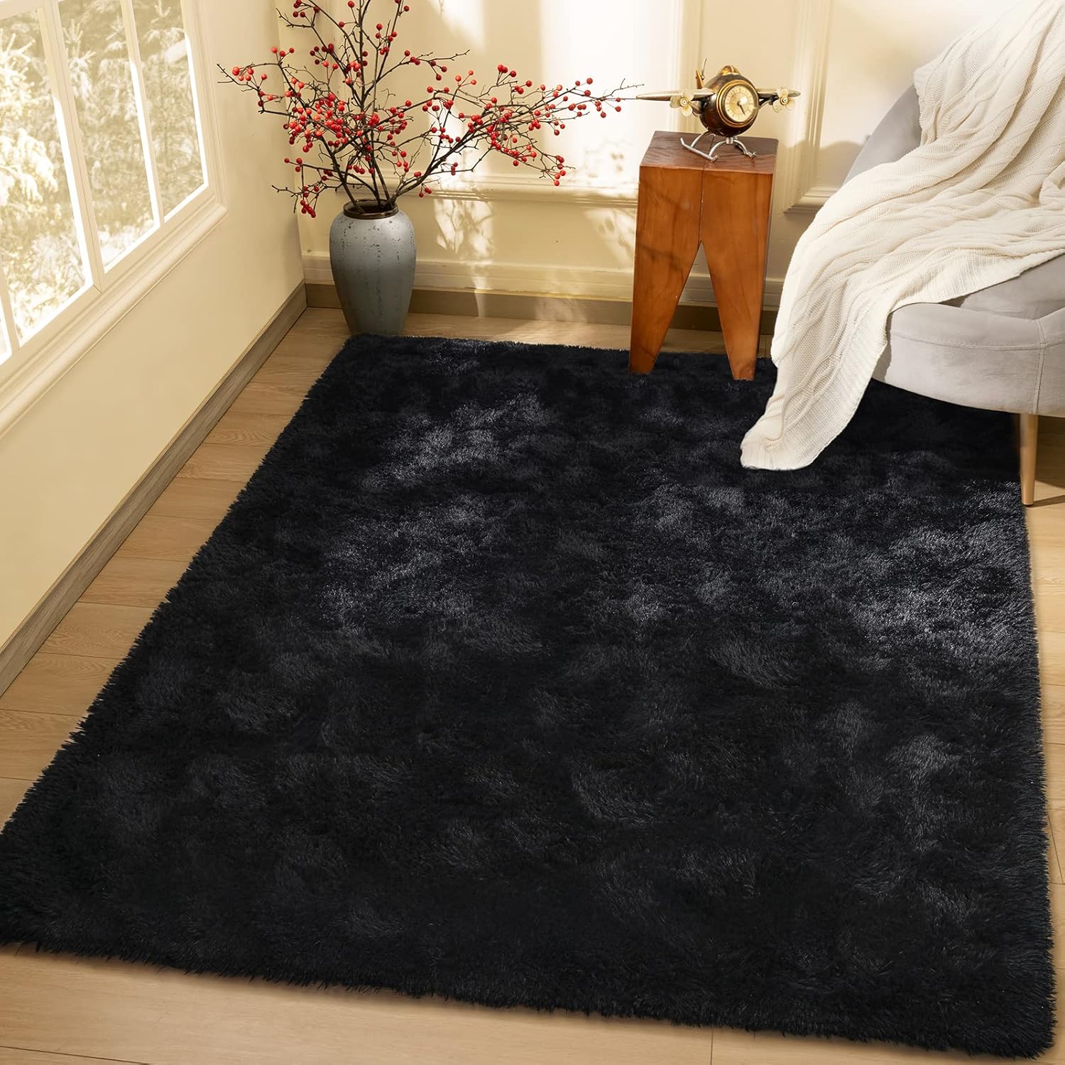 Alfombra esponjosa para dormitorio, alfombra negra de 4 x 6 pies para sala de...