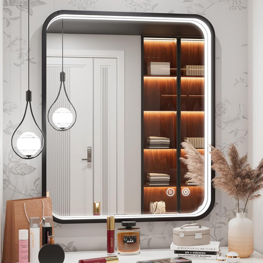 Espejo de baño LED de 30 x 36 pulgadas, espejo iluminado con marco negro para...