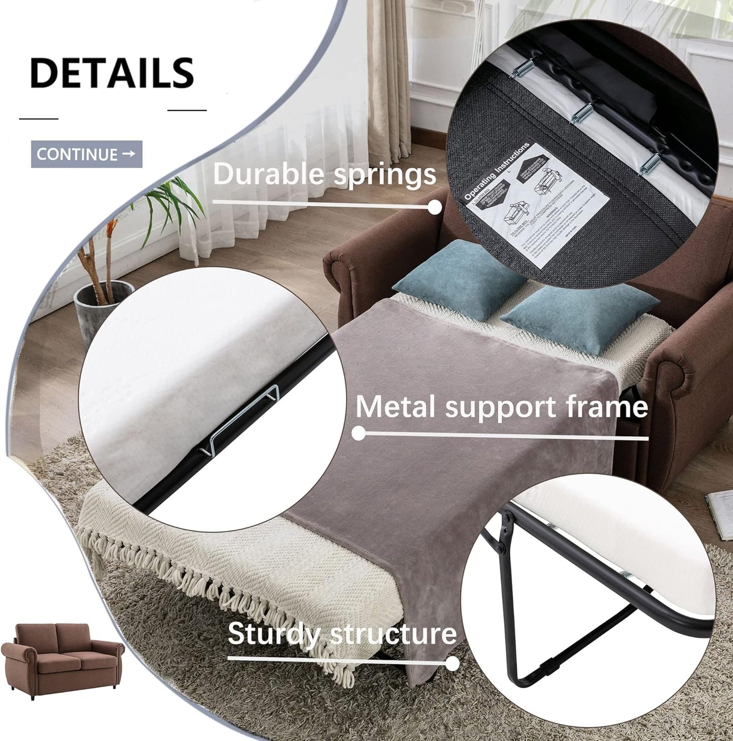 Sofá cama pequeño para sala de estar o dormitorio, incluye sofá cama extraíble,