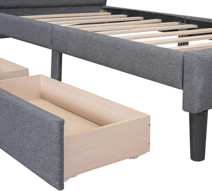 Cama de plataforma tapizada de tamaño individual con cajones de almacenamiento,