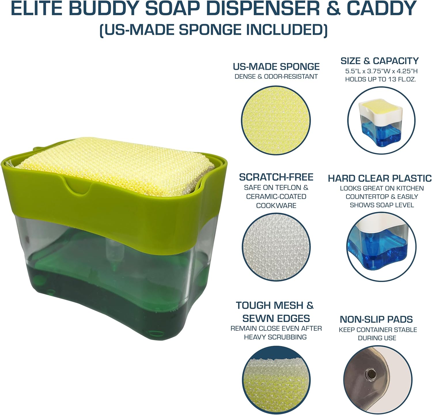Buddy Dispensador de jabón para platos y organizador de esponjas (verde hierba)