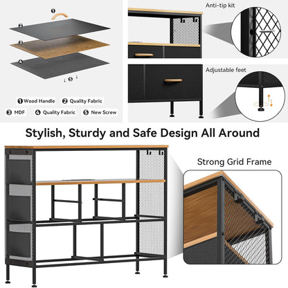 Cómoda para dormitorio, soporte de TV con tomas de corriente y luz LED, cómoda