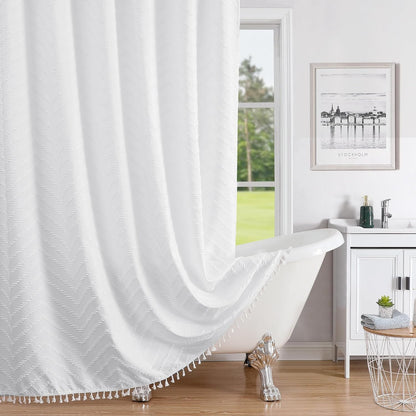 Cortina de ducha bohemia blanca de tela tejida de 72 x 78 pulgadas, moderna