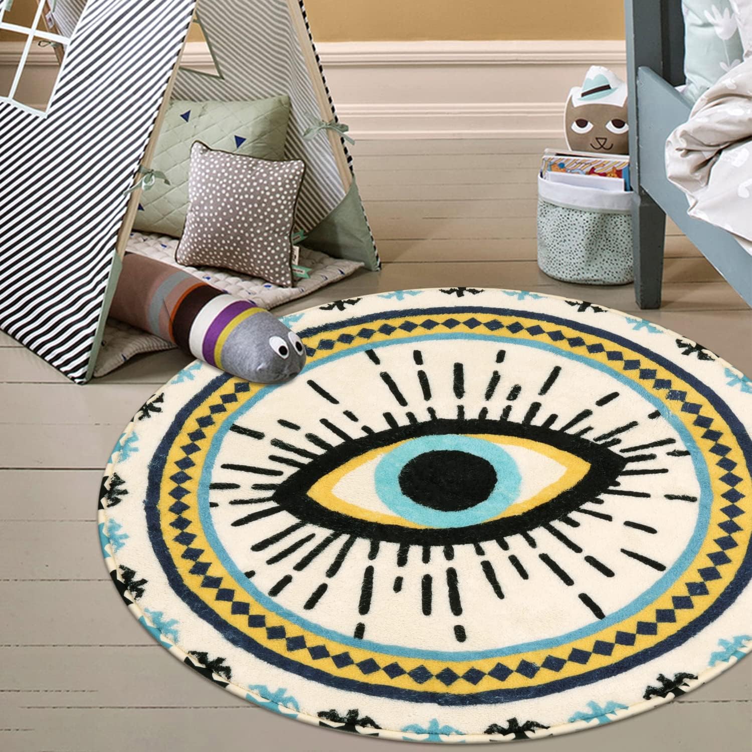 HAOCOO Alfombra redonda azul de ojo turco de 3 pies, terciopelo súper suave,...