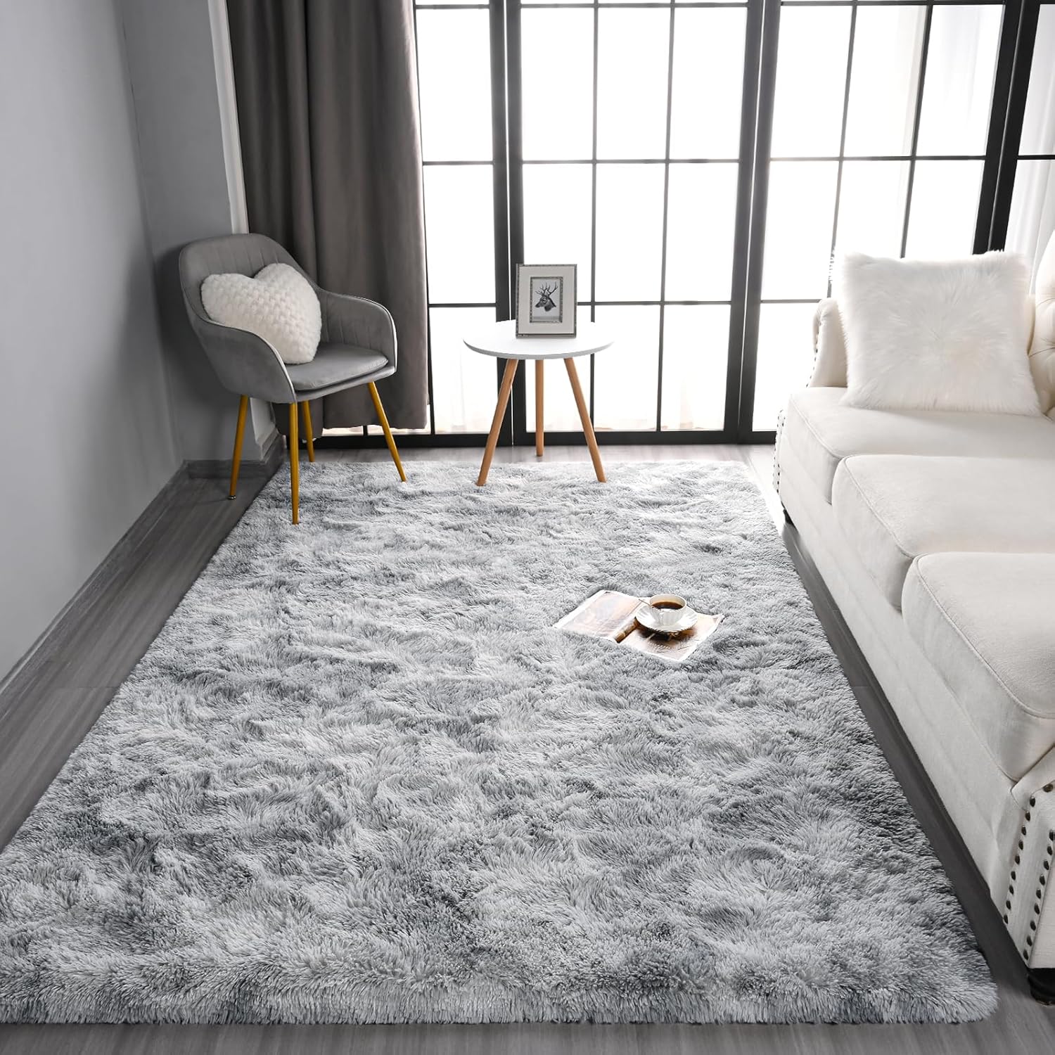 Pettop Alfombra mullida de teñido anudado gris claro para dormitorio, sala de...