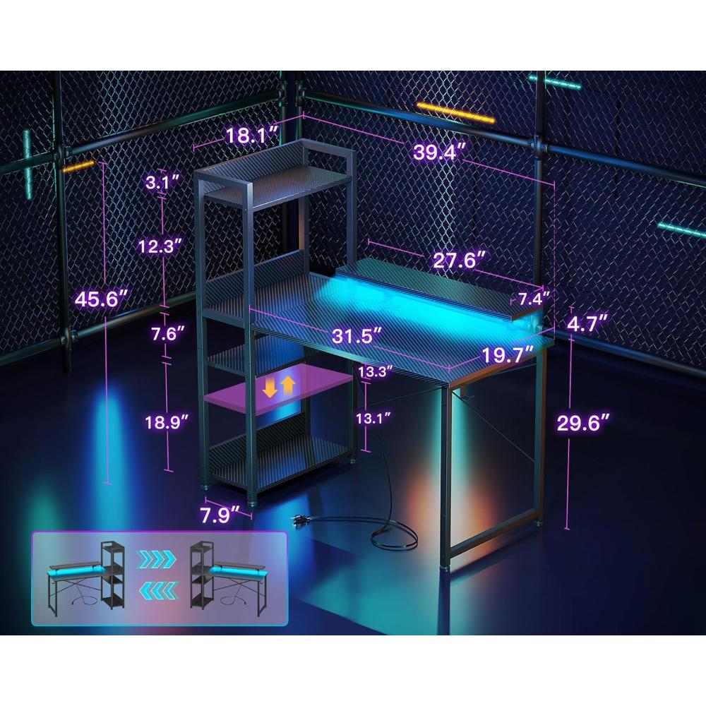 Escritorio Reversible Para Juegos Con Puerto De Carga USB Y Luces LED,ODK,Negro