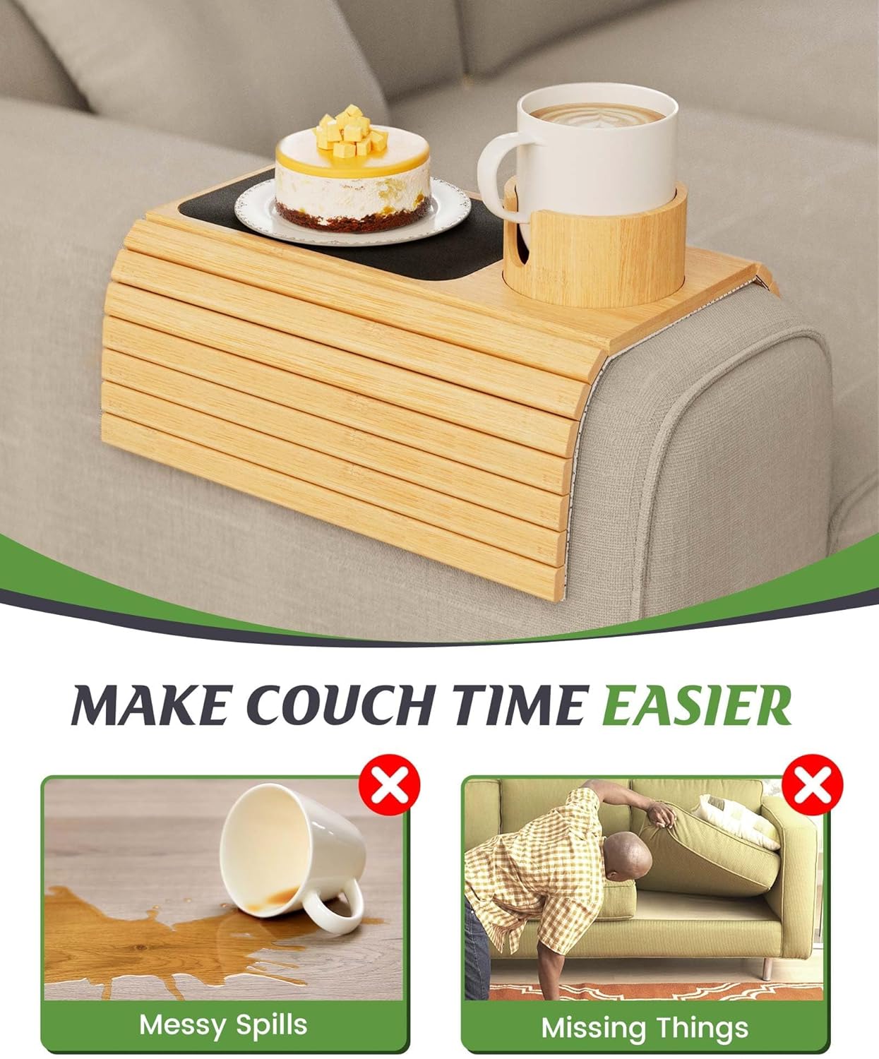 Soporte para taza de sofá, bandeja para brazo de sofá con soporte giratorio de...