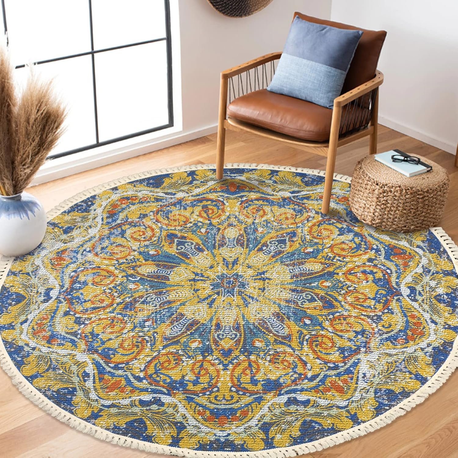 Alfombra bohemia redonda de 5 pies antideslizante para dormitorio, alfombra de