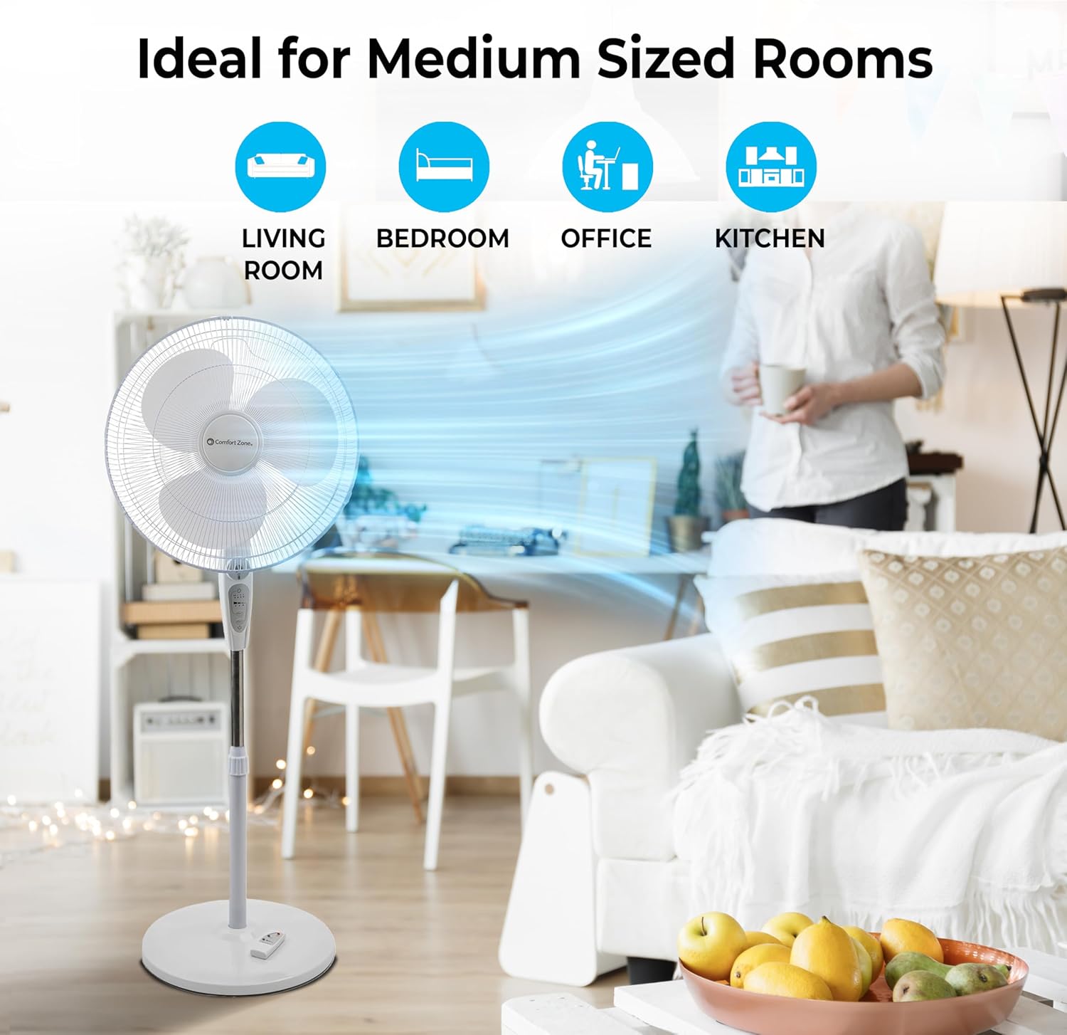 Comfort Zone Ventilador de pedestal oscilante con control remoto, ventilador de...