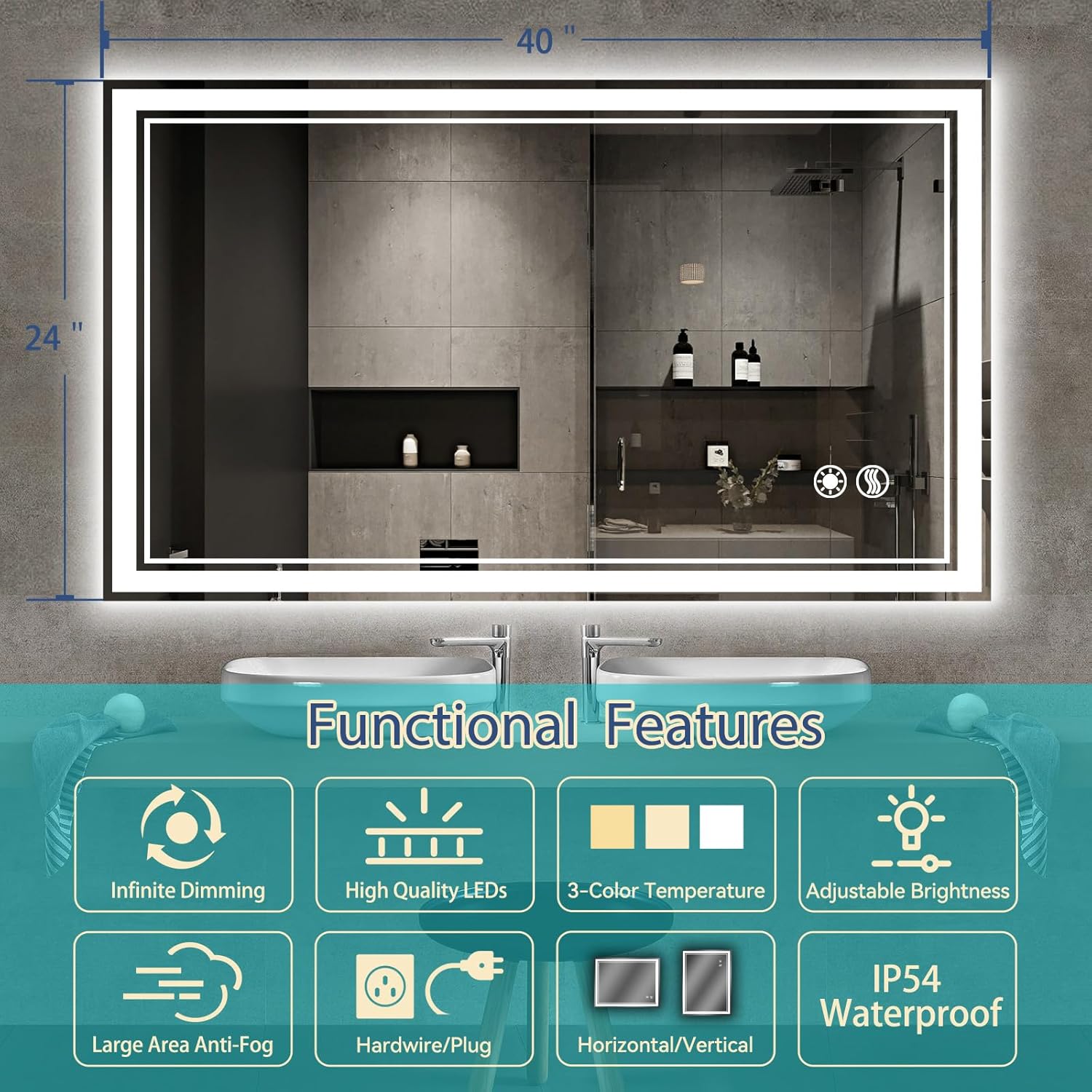 Espejo LED de 40 x 24 pulgadas para baño, espejo de baño sin niebla, con luces,...