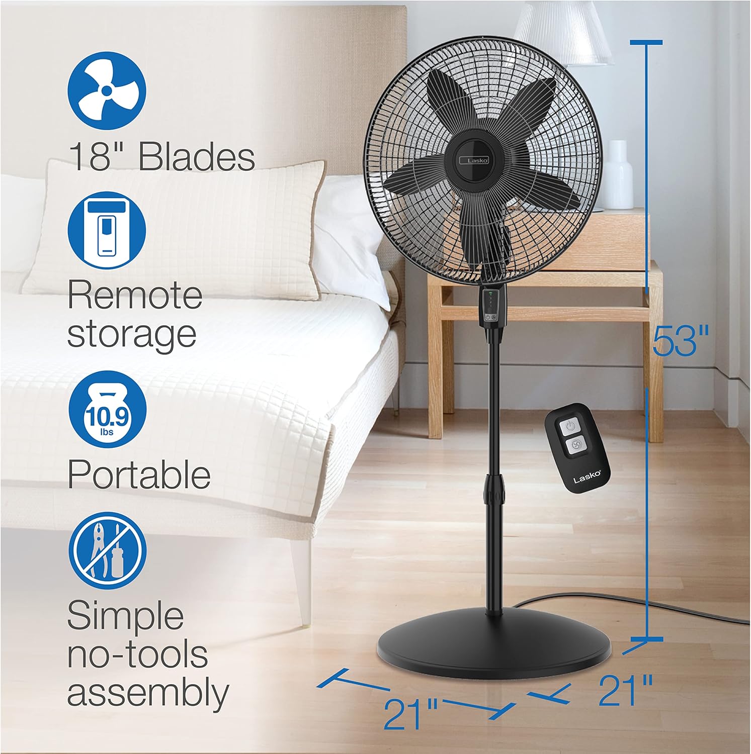Lasko Ventilador de pedestal oscilante, altura ajustable, control remoto, 4...