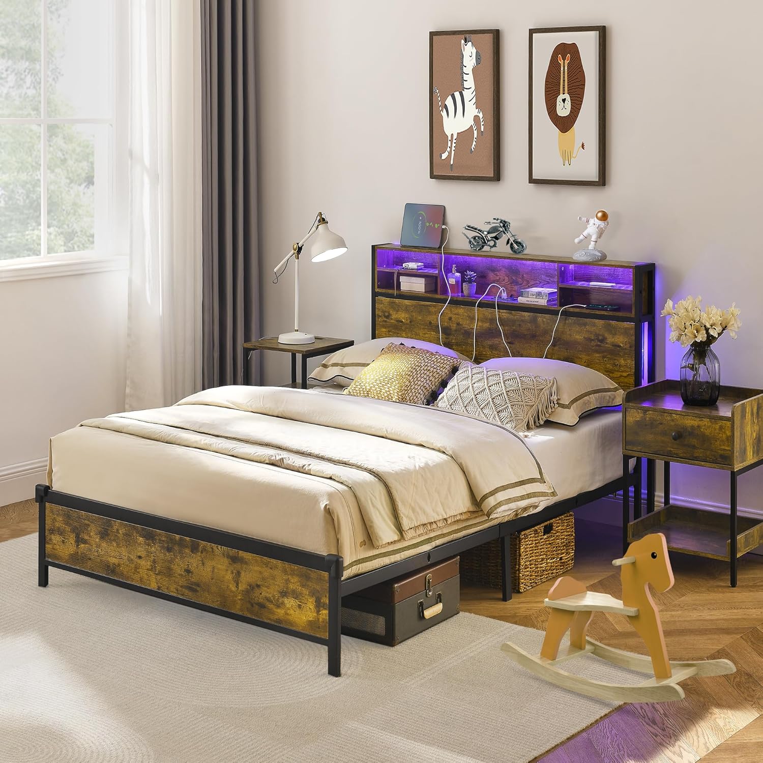 Alohappy Base de cama individual con cabecera de estantería y estación de...