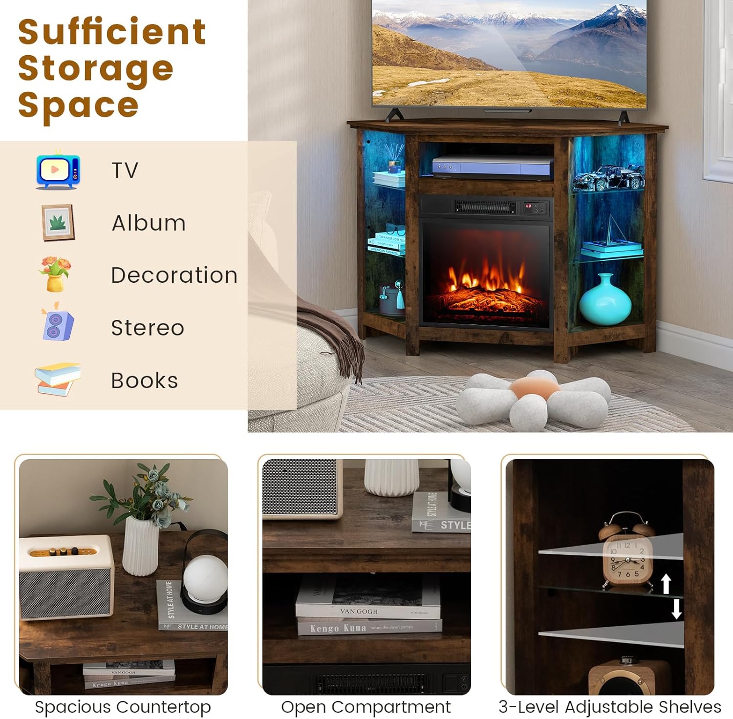 COSTWAY Soporte de TV de esquina con chimenea eléctrica para televisores de...