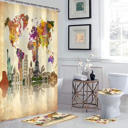 Juego de cortinas de ducha vintage con mapa mundial, 4 piezas de famosa cultura