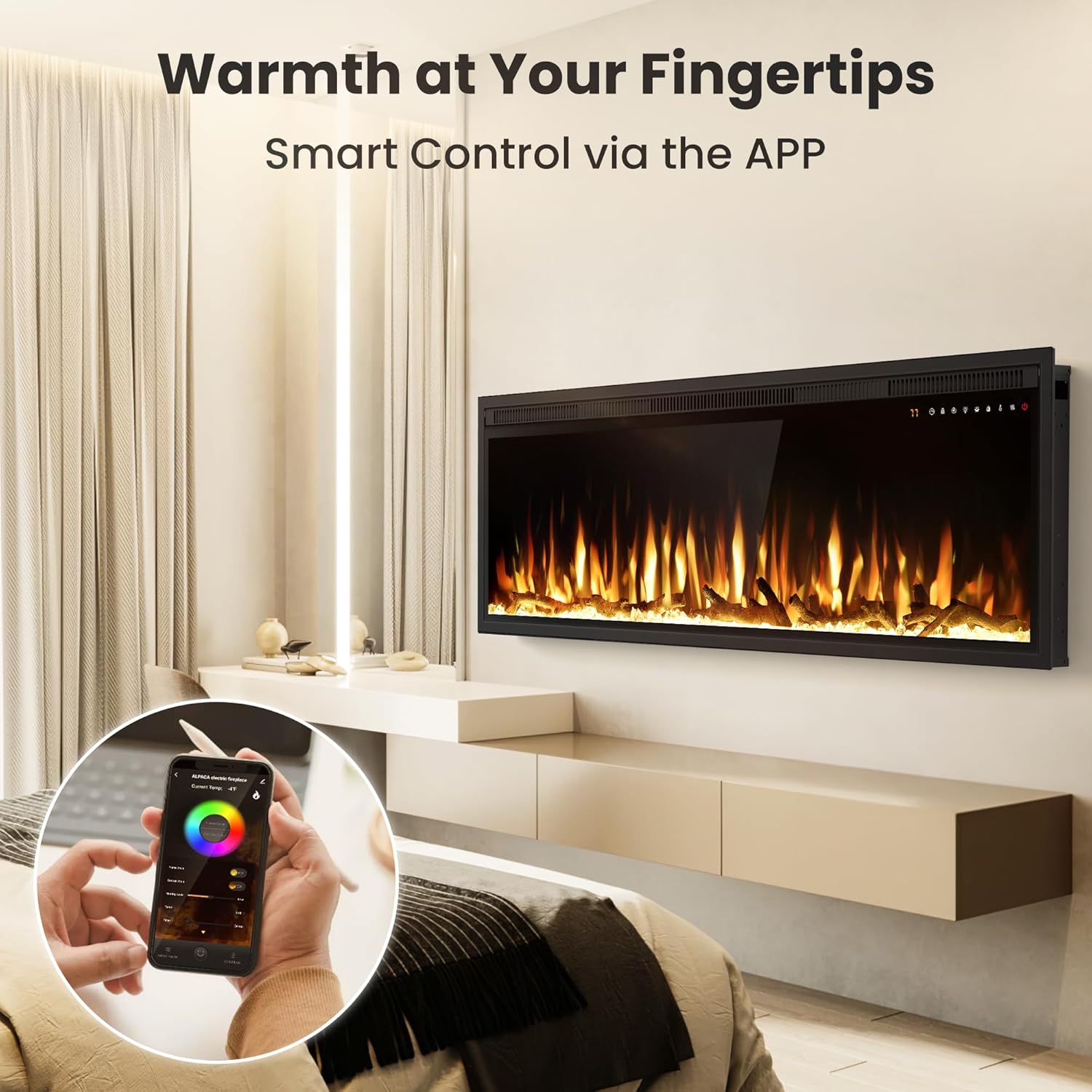 Smart - Calentador eléctrico de chimenea de 60 pulgadas habilitado para WiFi,...