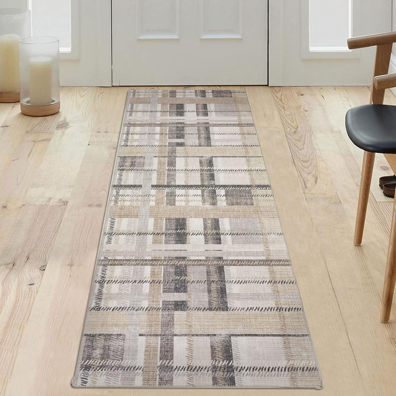 DECOMALL NELE - Alfombra de pasillo lavable, moderna, a cuadros,...